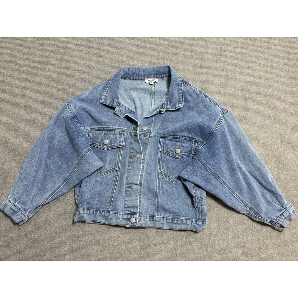 Andree Denim Jacket Womens Small Blue Cropped Button Up Jean Coat 100% Cotton